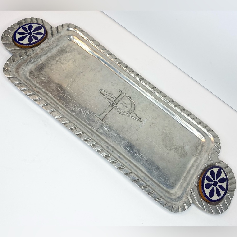 Vintage Metal Serving Tray Pottery Handmade “P” Atomic Biscuit Plate Molded